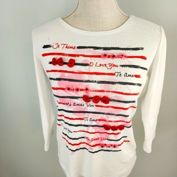 Rebecca Malone Three Quarter Sleeve Cotton Blend I Love You Top Size Small - Picture 4 of 8